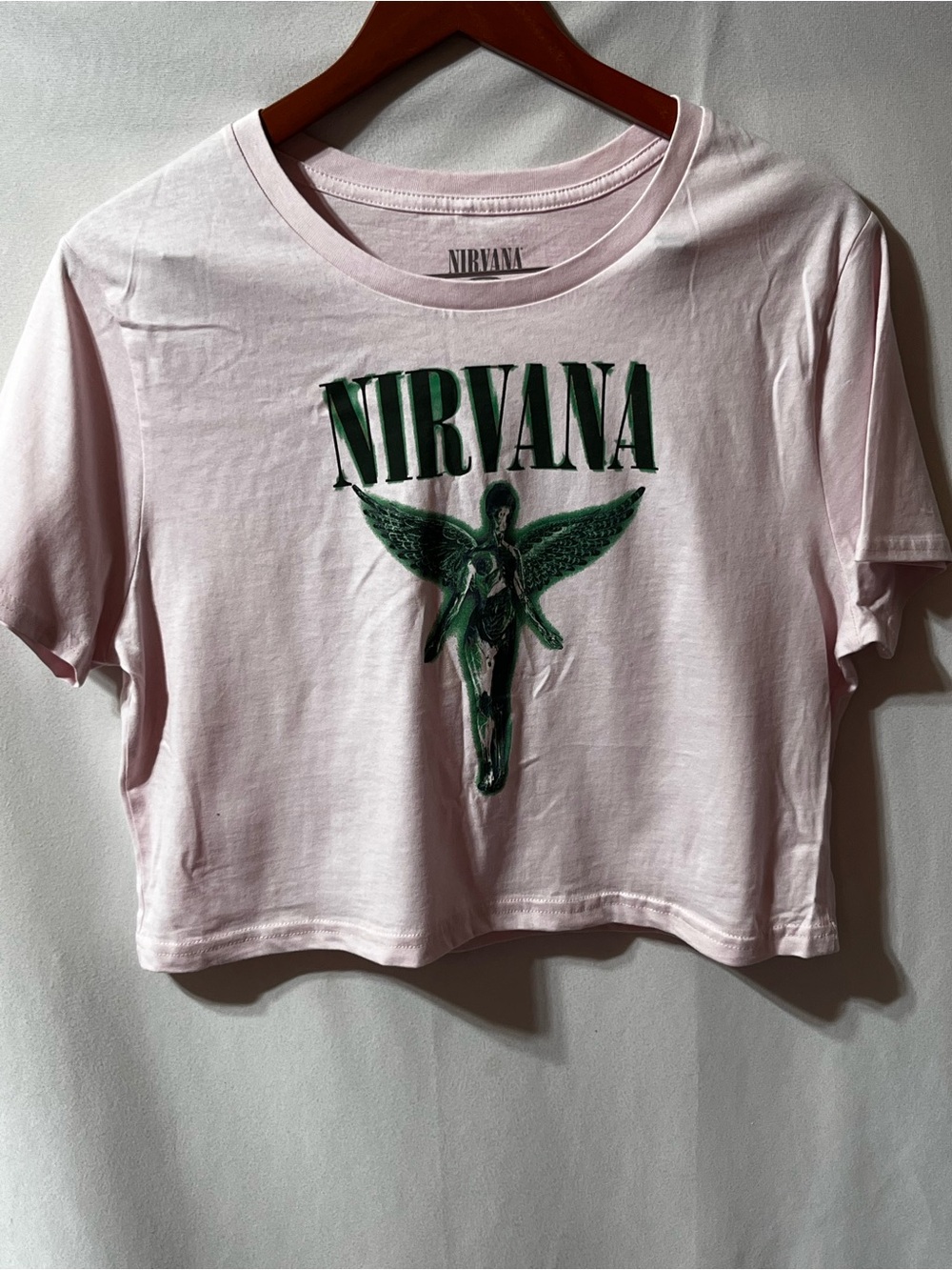 NIRVANA Pink Cropped Logo Tee with Green Angel Graphic